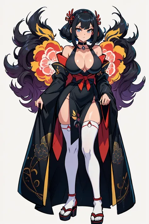 (masterpiece, best quality, high resolution, (pokemon style) ((big breasts)) 1 girl. very long black hair, straight bangs, sexy long sleeve kimono with zakuras print, neckline, white stockings, choker, Japanese sandals,((white background,)), ((full body st...