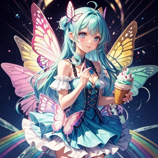 A fairy with butterfly wings making ice cream　Rainbow Hair　