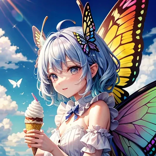 A fairy with butterfly wings making ice cream　Rainbow Hair　