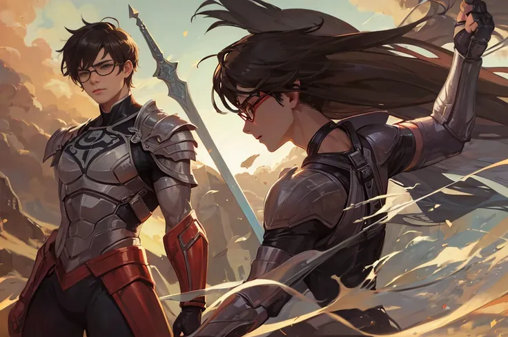 Brunette man with glasses and superhero armor with sword 