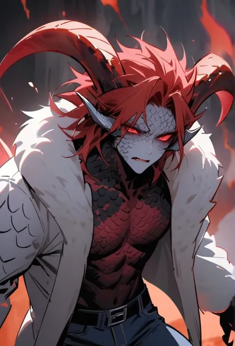 (high resolution, best qualityer, work of art), detailded, ultra detail, 1 men, physically fit, muscled body, fierce expression, Eyes red, (detailded eyes), Red hair, shorth hair, whole body, ((dragon horns)), ((Face: dragon scales)), Face covered in scale...