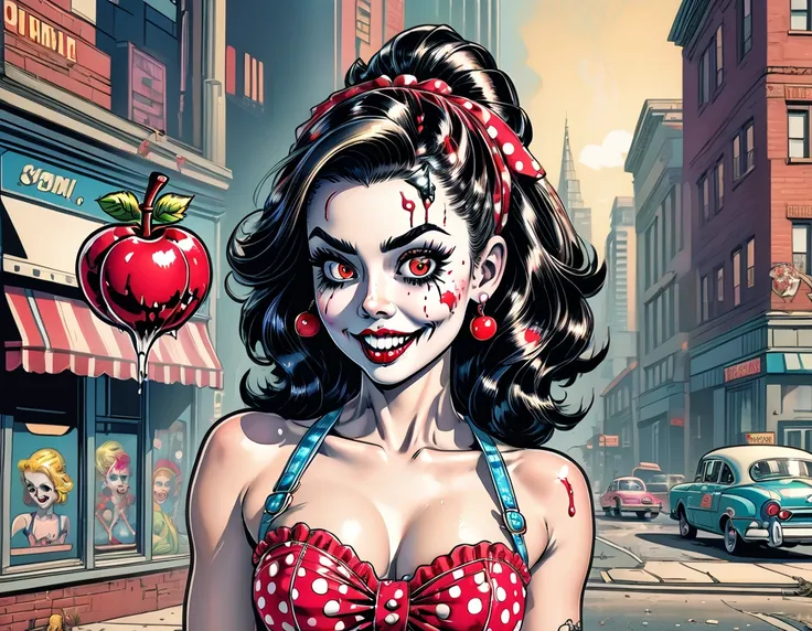 An ultra meticulously detailed retro comic, pop art style, exaggerated Ben-Day dots, colored pencil, hand drawn illustration portraying a portrait by Clyde Caldwell and Gil Elvgren of a gorgeous retro pin up, undead zombie girl in a short and cute retro ch...