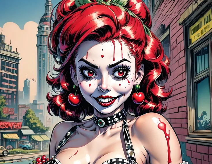 An ultra meticulously detailed retro comic, pop art style, exaggerated Ben-Day dots, colored pencil, hand drawn illustration portraying a portrait by Clyde Caldwell and Gil Elvgren of a gorgeous retro pin up, undead zombie girl in a short and cute retro ch...