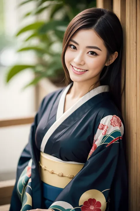 Pure Japanese kimono girl, wearing traditional kimono, natural makeup, thick eyebrows, traditional black hair styles, sweet smile, sitting, sexual attractive, refreshing in summer morning, professional portrait photography, 