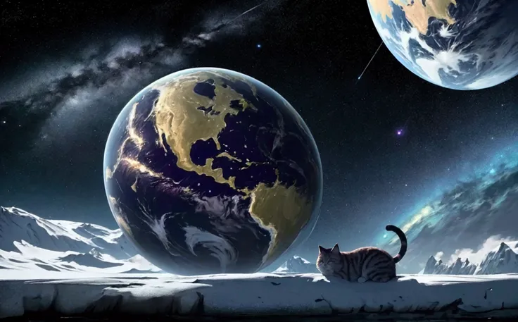 score_9,(best quality,4k,8k,highres,masterpiece:1.2),space,globe,a gigantic cat lying on the north pole, stars, cinematic angle, anime, ultra-detailed,vivid colors,