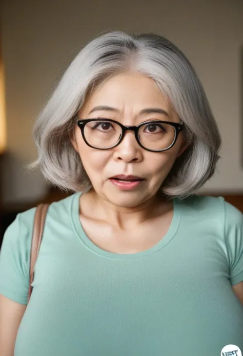 one 75-year-old japanese woman、glasses、gray hair、finely wrinkled skin、bob hair、berry short cut、wavy hair、white t-shirt、large bre...