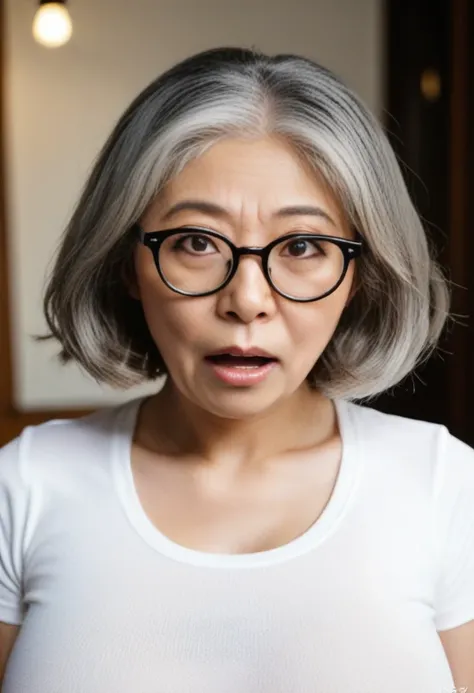 one 75-year-old japanese woman、glasses、gray hair、finely wrinkled skin、bob hair、berry short cut、wavy hair、white t-shirt、large bre...