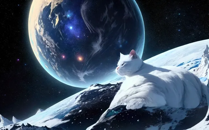 score_9,(best quality,4k,8k,highres,masterpiece:1.2),space,globe,a gigantic cat lying on the north pole, stars, cinematic angle, anime, ultra-detailed,vivid colors,