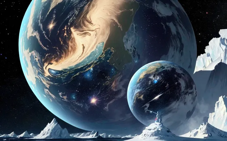 score_9,(best quality,4k,8k,highres,masterpiece:1.2),space,globe,a gigantic cat lying on the north pole, stars, cinematic angle, anime, ultra-detailed,vivid colors,