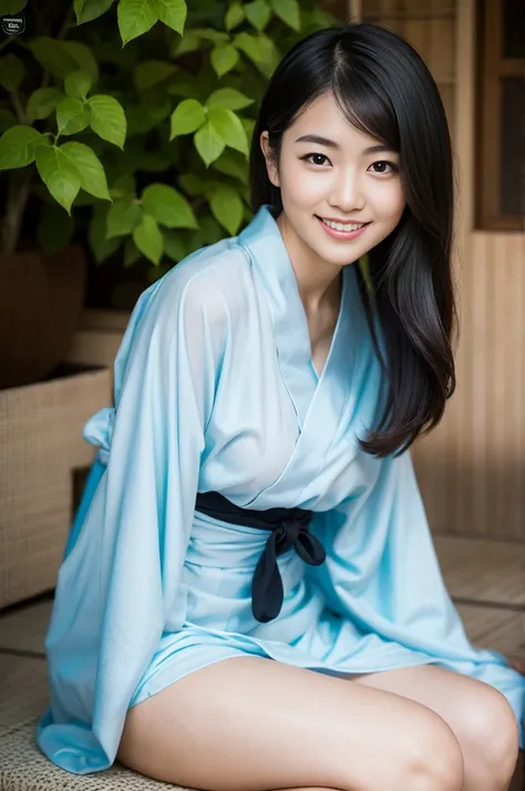 Pure young Japanese yukata girl, wearing traditional yukata, natural black hair styles, natural makeup, thick eyebrows, sweet smile, sitting, sexual attractive, refreshing in summer morning, professional portrait photography, 