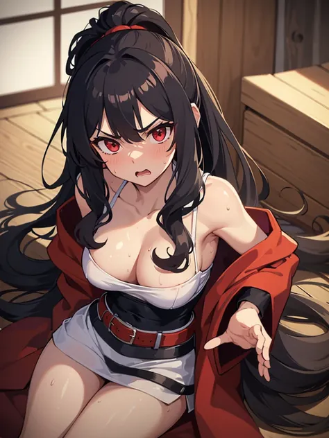 (masterpiece, best quality:1.2), looking at viewer, large breasts, sweaty, sweat on skin, long hair, high ponytail, bushi hair, curly hair, black hair, two piece outfit, small clothes, squished breasts, loose belt with flowing fabric, angry expression, red...