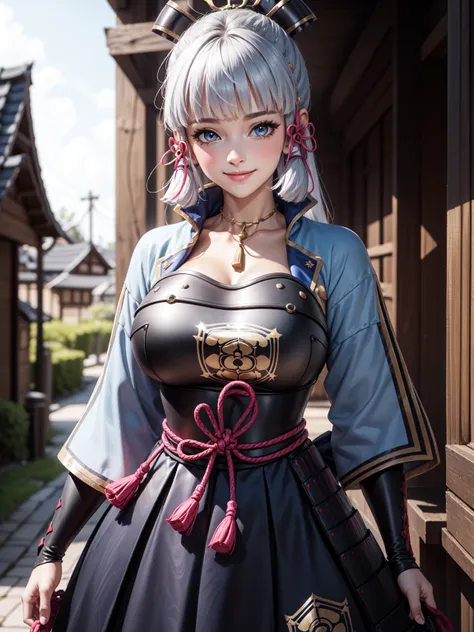 Masterpiece, ultra detail, high quality, 8k cg, (huge breasts), kamisatoayakadef, blush, bright eyes, standing, village, slim body, narrow waist, upper body, smile