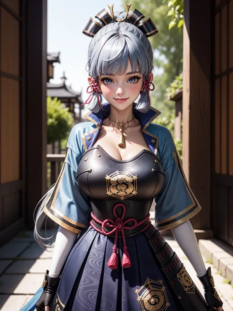 Masterpiece, ultra detail, high quality, 8k cg, (huge breasts), kamisatoayakadef, blush, bright eyes, standing, village, slim body, narrow waist, upper body, smile