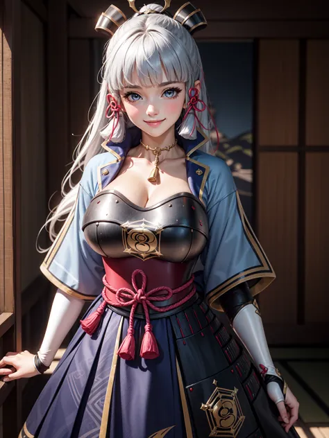 Masterpiece, ultra detail, high quality, 8k cg, (huge breasts), kamisatoayakadef, blush, bright eyes, standing, village, slim body, narrow waist, upper body, smile