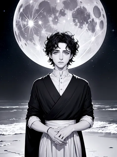 {4 k image}, Timothée Chalamet (standing alone), 28 years old, short black hair with white highlights, blue colored eyes, neutral expression, {Centered image}, {facial portrait}, {Just face photo}, Full moon background, manga line art (monochrome)