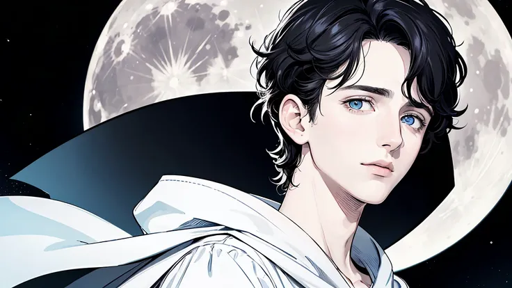 {4 k image}, Timothée Chalamet (standing alone), 28 years old, short black hair with white highlights, blue colored eyes, neutral expression, {Centered image}, {facial portrait}, {Just face photo}, Full moon background, manga line art (monochrome)