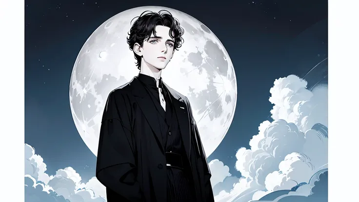 {4 k image}, Timothée Chalamet (standing alone), 28 years old, short black hair with white highlights, blue colored eyes, neutral expression, {Centered image}, {facial portrait}, {Just face photo}, Full moon background, manga line art (monochrome)