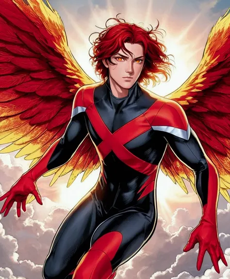 A young man with red and black hair and fiery orange eyes is wearing a black and red suit with an X pattern on his chest. He has large, vibrant red and yellow wings spread out behind him. He is flying in the sky with clouds and sunlight in the background, ...