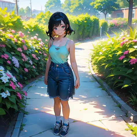 (high quality, High resolution, Very detailed, reality:1.37), Peaceful atmosphere, (Outdoor, garden), Teenage girl standing alone, (my breasts are big.), Beautiful details, Cute Smile, (Black bob hair), camisole, Denim skirt, Blue socks, sneakers.