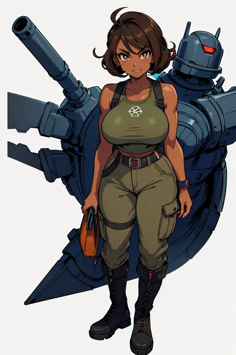 (masterpiece, best quality, high resolution, (pokemon style) ((huge breasts)) 1 woman, very short brown hair military style, ((d...