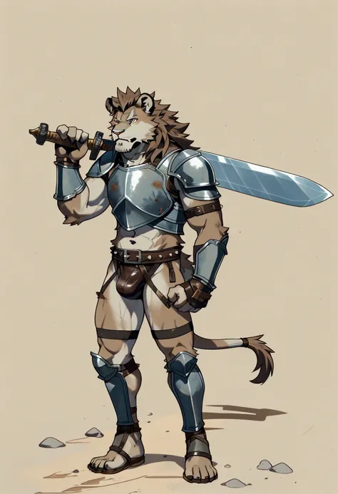 Solo Sexy young anthro furry lion male mercenary medieval solider, slim endomorph muscular, anthro handsome gay shorter muzzle, handsome gay model male apperance, sword scars, worn out leather skimpy armament, low on hips heavy leather belt, old very worn ...