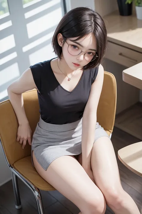 High resolution, beautiful (single) woman, well-formed face, symmetrical eyes, model-like proportions, short hair, thin under-rim glasses, arms crossed, sitting in a chair with legs crossed, sleeveless Y-shirt, tie, tight mini skirt, pantyhose, high heels,...