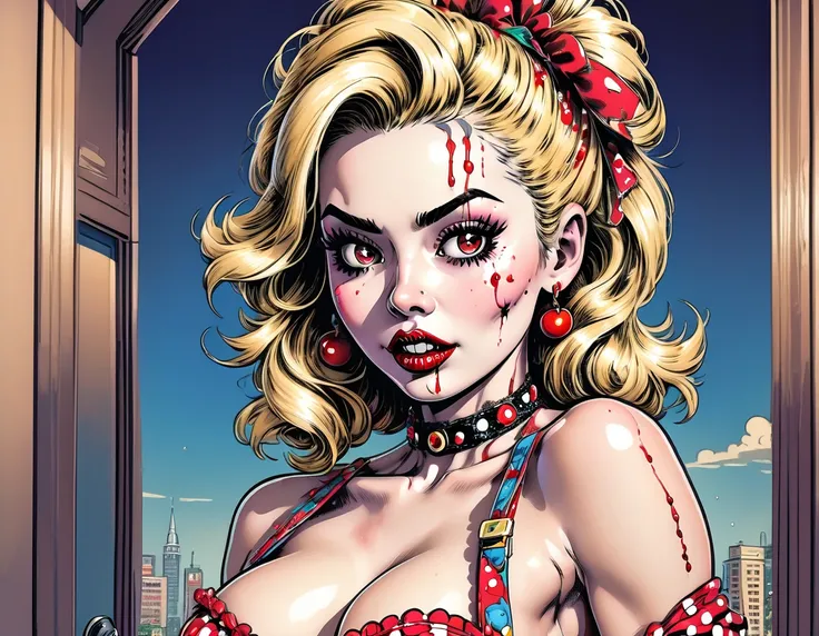 An ultra meticulously detailed retro comic, pop art style, exaggerated Ben-Day dots, colored pencil, hand drawn illustration portraying a portrait by Clyde Caldwell and Gil Elvgren of a gorgeous retro pin up, undead zombie girl in a short and cute retro ch...