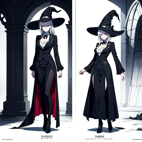 drawing of a woman in a hat and suit with a large hat, fashionable dark witch, full body illustration, anime full body illustration, witch girl, full body portrait of a short!, witch clothes, classical witch, black and white manga style, highly detailed ch...