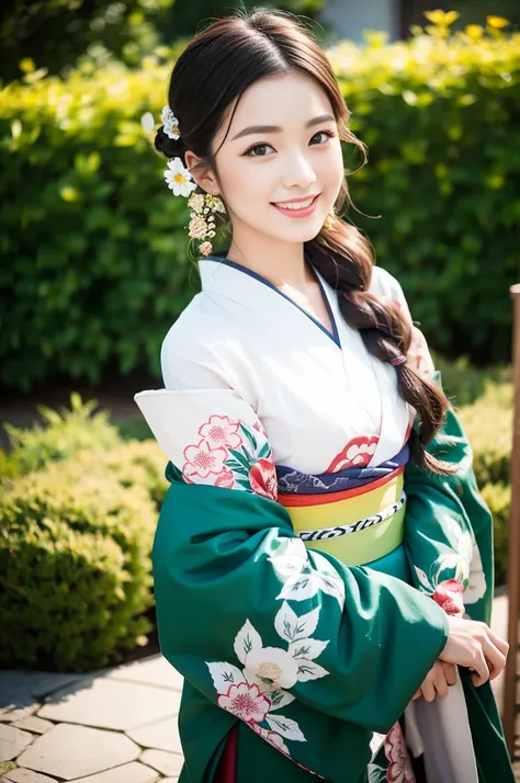 Pure Japanese kimono girl, wearing traditional kimono, traditional hair styles, vivid makeup, thick eyebrows, sweet smile, sitting in traditional garden, sexual attractive, refreshing in summer morning, professional portrait photography, 