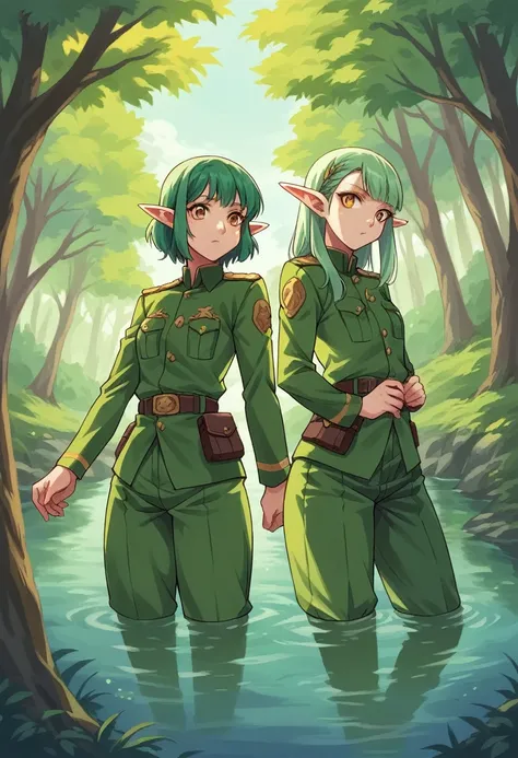 NSFW,2000s anime,korie riko style,pc adult ゲーム　style,Young  and adult woman,Elf,Two Girls,Green Hair,Golden Eyes,Green clothes,Druidic costume,Ranger Outfit,Small fabric area,in the forest,river,