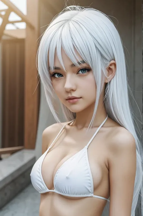 A anime 2D girl, white hair, perfect face, masterpiece, bikini