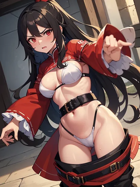 (masterpiece, best quality:1.2), looking at viewer, large breasts, sweaty, sweat on skin, long hair, high ponytail, bushi hair, curly hair, black hair, two piece outfit, small clothes, squished breasts, loose belt with flowing fabric, angry expression, red...