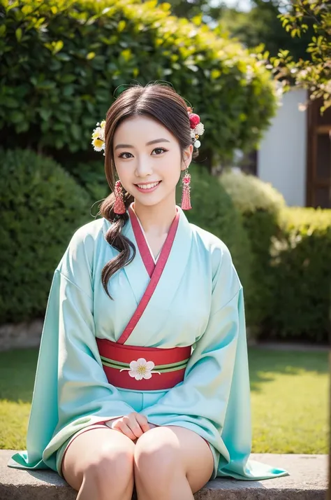 Pure Japanese kimono girl, wearing traditional kimono, traditional hair styles, vivid makeup, thick eyebrows, sweet smile, sitting in traditional garden, sexual attractive, refreshing in summer morning, professional portrait photography, 