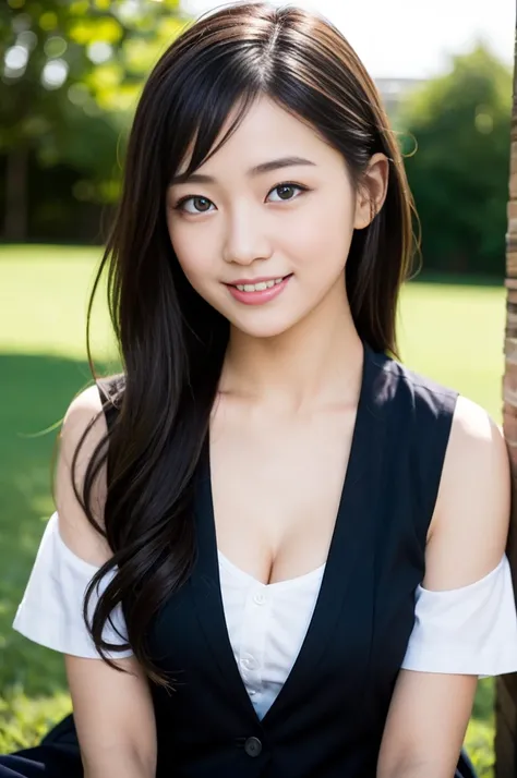 Pure young Japanese school girl, wearing summer uniforms, natural black hair styles, impressive big brown eyes, no makeup, thick eyebrows, pure smile, refreshing in summer sunlight, feeling soft breeze in hair, sitting, relaxed pose, sexual attractive, pro...