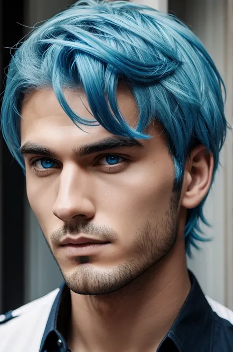 Male, blue hair, white eye,