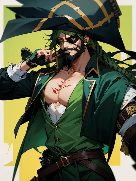                 1male, green skin, long black beard, green dreads, pirate outfit, eyepatch      