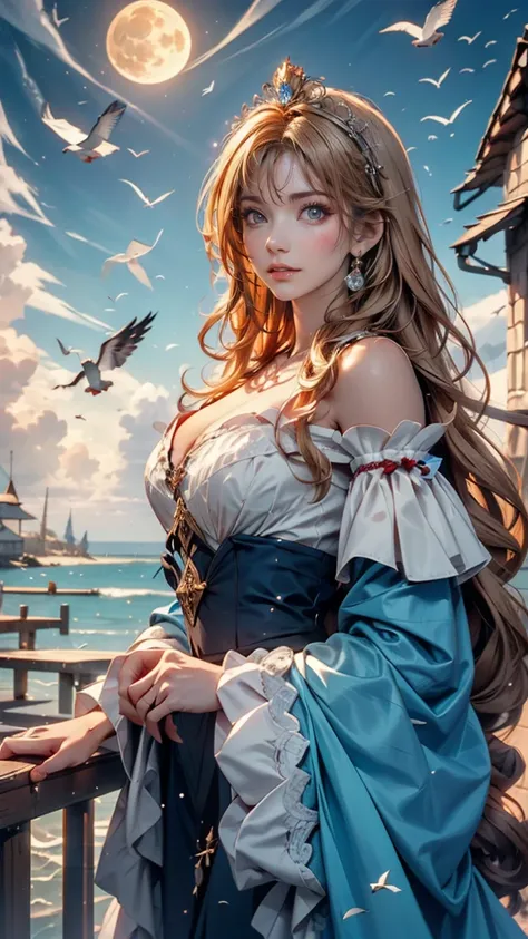 ,((Highest quality))),8k,((masterpiece)),(Very sophisticated and beautiful), A girl emerges from the sea, The Swan Princess of Russian Mythology, Beautiful calm face, blue eyes, Long blonde hair braided, Moon braid at the back of the head, With a kokoshnik...