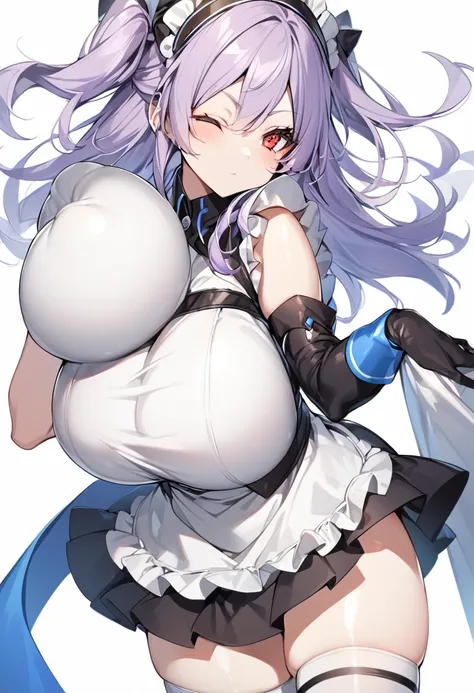 (One girl)、(medium length hair)、(sidelock)、(purple hair)、(slan eyes)、（boyish）、cute、(Big super breasts)、((Chubby))、Maid、No sleeve、mini skirt、White sleeveless、thigh-high socks thighhighs、(long gloves)、hairs between eyes、(coarse hair)、[flipped hair]、red eye、e...