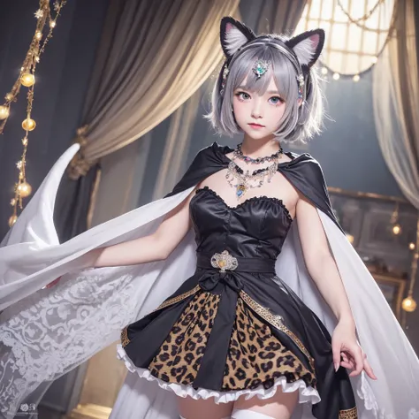 (masterpiece, Highest quality:1.2),One girl, Upper Body,tail, large tail, Bob Hair, Grey Eyes, detailed eyes, Multicolored Hair, Circlet, Beaded Necklaces, Animal ears, Leopard Ears, Black Cape, White Dress, Hip vents, Pelvic Curtain, Grey knee socks, the ...