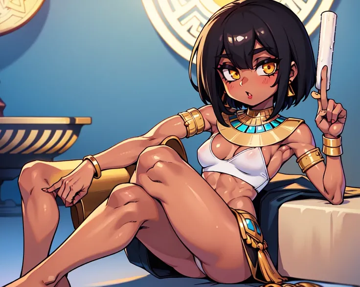 1girl, close to the camera, looking at the camera, tan skin, black bob hair, gold jewelry on her body, an Egyptian god, white loin cloth skirt, a white tube top