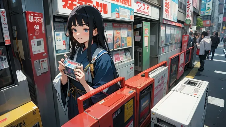 Very beautiful 18 year old Japanese woman, holding old cassette tape, cassette tape facing front, woman looks very happy.in Akihabara