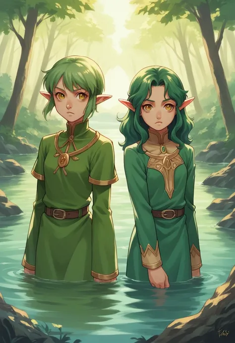 NSFW,2000s style,Riko Korimoto style,pc adult game(King of Learning),Young  and adult woman,Elf,Two Girls,Green Hair,Golden Eyes,Green clothes,Primitive Druid Outfit,Clothes that only cover the private parts,in the forest,river,
