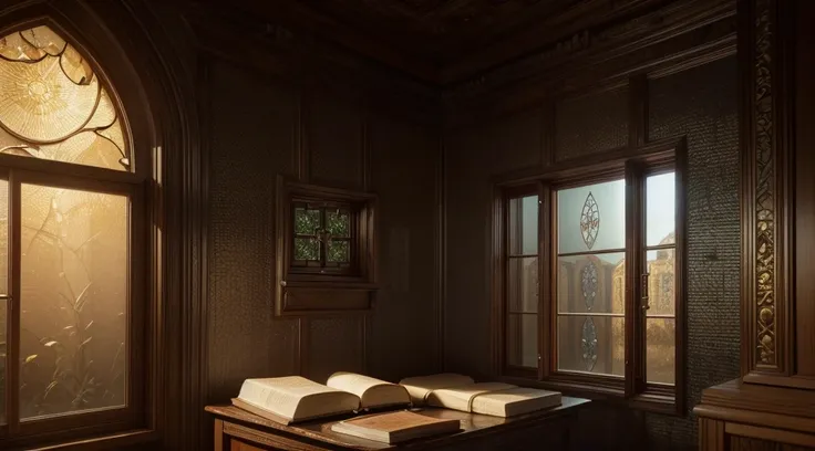 "Ultra-high detail render of an ancient leather-bound Bible open to Malachi 3:10, heavenly windows opening above showering abundance (photorealistic fruits, grains, coins) onto a diverse crowd, depth of field, dramatic lighting, highly detailed textures"