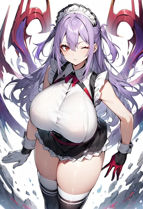 (One girl)、(medium length hair)、(sidelock)、(purple hair)、(slan eyes)、（boyish）、cute、(Big super breasts)、((Chubby))、Maid、No sleeve、mini skirt、White sleeveless、thigh-high socks thighhighs、(long gloves)、hairs between eyes、(coarse hair)、[flipped hair]、red eye、e...