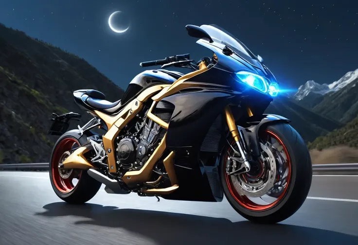 futuristic monstrous motorcycle, quantum fusion engine, turbo propeller, fire-jet flow trail behind, golden-red-black color, bes...