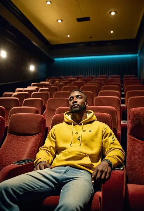 photography, front view, long distance shot, professional man model lounges across the seats in a light off movie theater serves as the backdrop for a moment of carefree repose, wearing a over-fit yellow camouflage pattern hoody and light-washed jeans, a s...