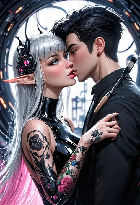 2 guys ethereal demonic 25 year old anime guy male druids, with metallic long pale blond hair, delicate masterpieceintimate delicate etched glowing neon tattoos, Fabulous full view painting of a winking beautiful and gorgeous elf ((male)) almostkissing, pe...