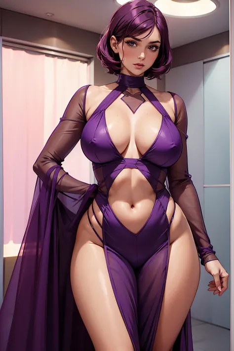 30 year old woman, voluptuous body, short purple hair, public hair, red transparent dress fitted to the body, in a luxurious room ((full transparent clothes))