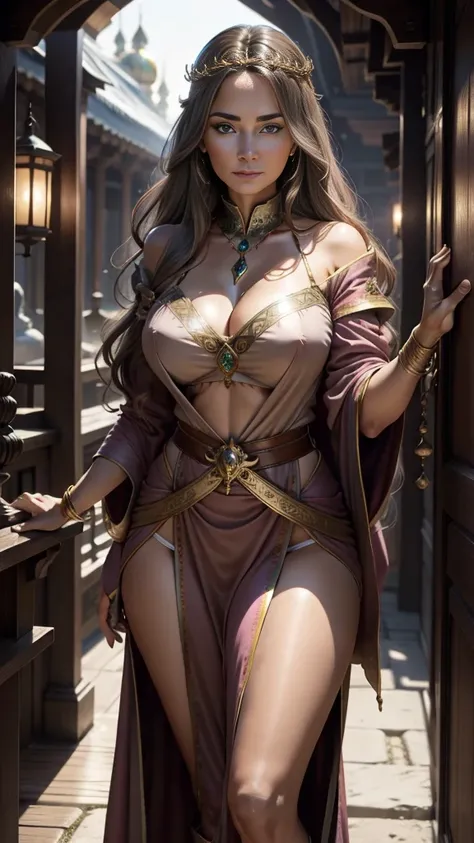 medieval fantasy, priestess in her late 40s, warm and welcoming presence, ample cleavage, long wavy ((brown hairs)), pink and gold (ribbons), long skirt, gentle green eyes, fair skin bears the soft lines of age and wisdom, flowing pink and gold robes, gold...