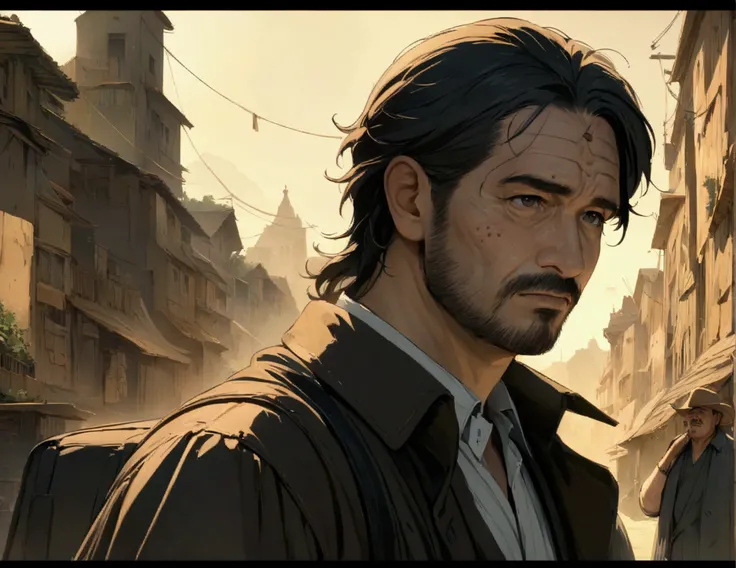 A middle aged man with medium length black hair, a wart under the eye, and facial hair, em um tiro de cowboy, conceptual artwork, In art, anime styling, masterpiece quality, accurate detail, 1080P, 4K